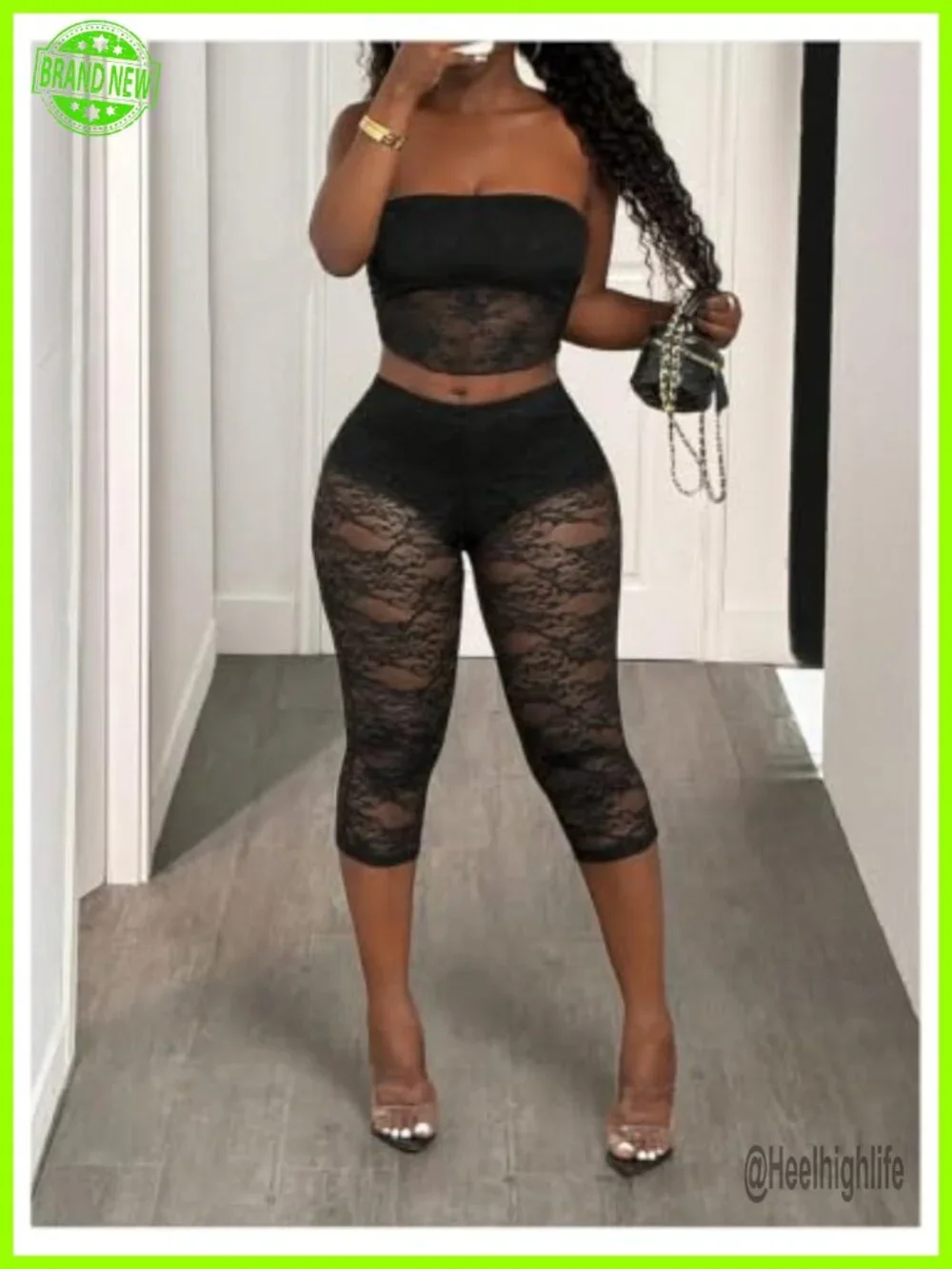 Lace Trim Capri Leggings High Waist See Through Cropped Pants